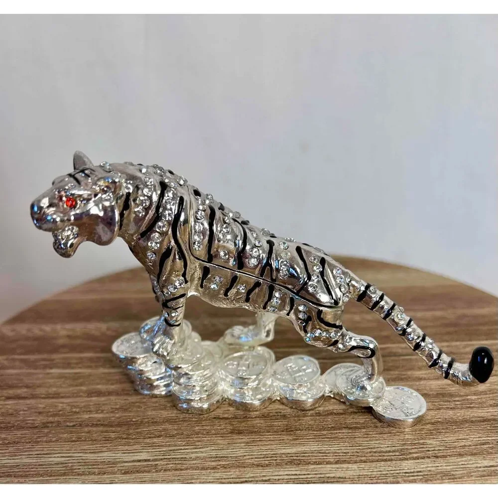 Metal Silver Toned Bejeweled Tiger Trinket Box Crystal‎ Accents Red Eyes